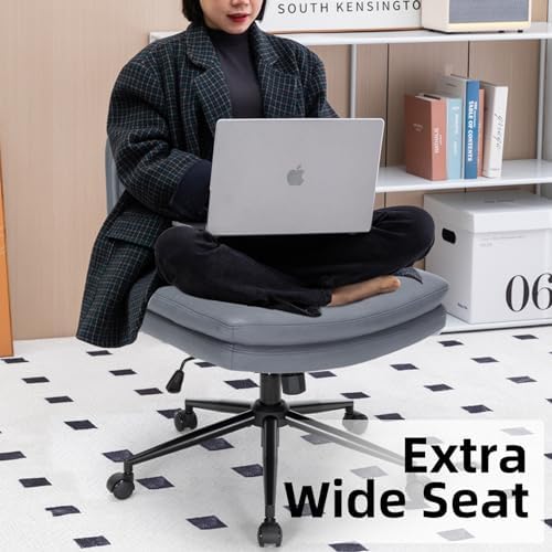 Armless Office Chair with Wheels Wide Desk Chair Leather Mid Back Accent Chair Padded Swivel Vanity Chair for Girl Women Computer Task Chair for Home Office (Suede Fabric, Gray&Blue) - LeafyLoom