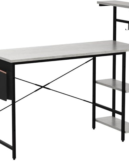 Bestier Gaming Desk with LED Lights, Computer Desk with 4 Tiers Reversible Shelves, 51.3 Inch Home Office Writing Desk with Side Storage Bag, Hooks and Height Adjustable Shelf (Retro Grey Oak) - LeafyLoom