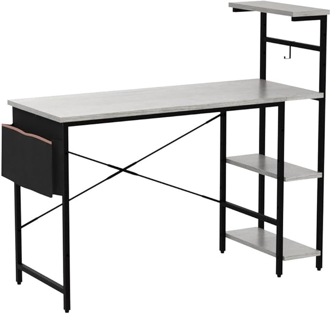 Bestier Gaming Desk with LED Lights, Computer Desk with 4 Tiers Reversible Shelves, 51.3 Inch Home Office Writing Desk with Side Storage Bag, Hooks and Height Adjustable Shelf (Retro Grey Oak) - LeafyLoom