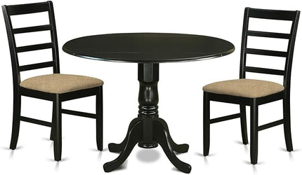 East West Furniture DLPF3-BLK-C Dublin 3 Piece Set Contains a Round Dining Room Table with Dropleaf and 2 Linen Fabric Upholstered Kitchen Chairs, 42x42 Inch, Black - LeafyLoom