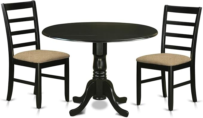 East West Furniture DLPF3-BLK-C Dublin 3 Piece Set Contains a Round Dining Room Table with Dropleaf and 2 Linen Fabric Upholstered Kitchen Chairs, 42x42 Inch, Black - LeafyLoom