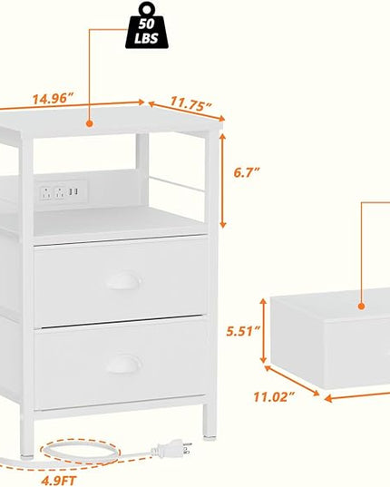 Furologee Nightstands Set of 2, End Tables with Charging Station and USB Ports, Side Tables with 2 Fabric Drawers, Night Stands with Storage Shelf & 2 Hooks, for Living Room/Bedroom, White - LeafyLoom