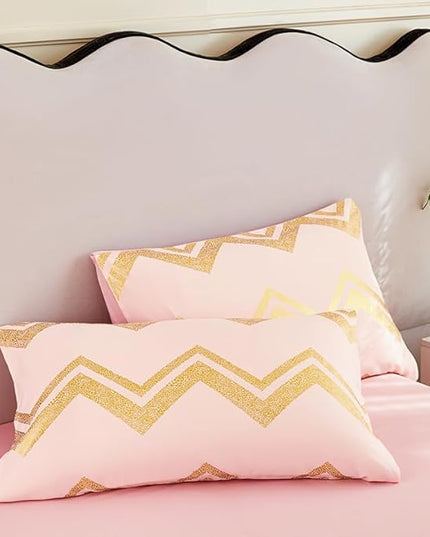 7PCS Gold and Pink Comforter Set,Pink Comforter Queen,Metallic Blush and Rose Gold Pink Bedding Set Queen,Bed in A Bag Queen for Teen Girls Women,Bedroom Decoration Queen Pink/Rose Gold - LeafyLoom