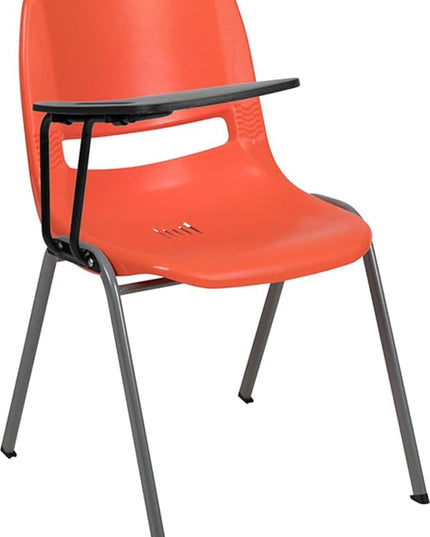 Flash Furniture HERCULES Orange Ergonomic Shell Chair with Right Handed Flip-Up Tablet Arm - LeafyLoom
