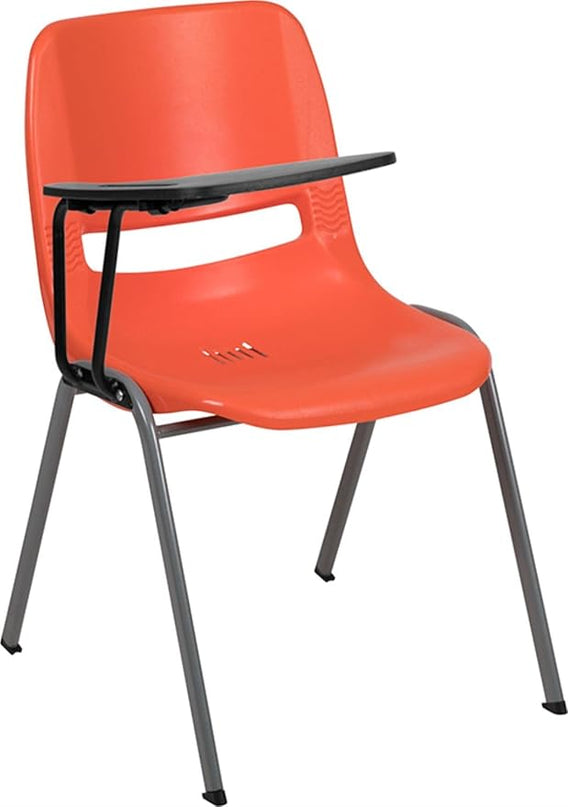 Flash Furniture HERCULES Orange Ergonomic Shell Chair with Right Handed Flip-Up Tablet Arm - LeafyLoom