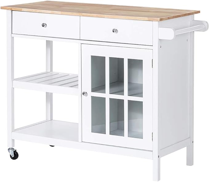 ChooChoo Rolling Kitchen Island, Portable Kitchen Cart Wood Top Kitchen Trolley with Drawers and Glass Door Cabinet, Wine Shelf, Towel Rack, White - LeafyLoom