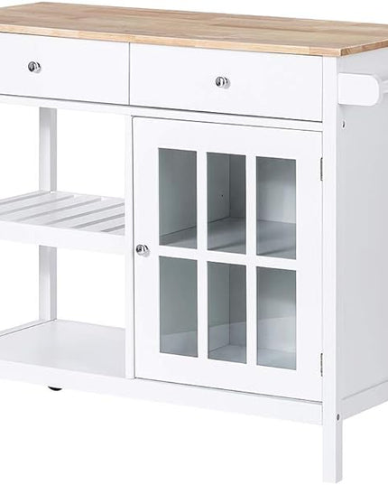 ChooChoo Rolling Kitchen Island, Portable Kitchen Cart Wood Top Kitchen Trolley with Drawers and Glass Door Cabinet, Wine Shelf, Towel Rack, White - LeafyLoom
