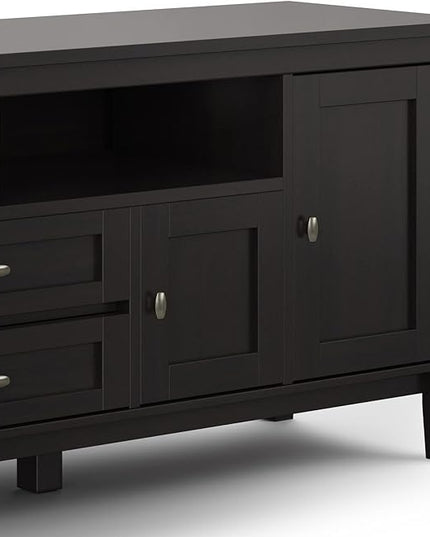 SIMPLIHOME Warm Shaker SOLID WOOD 72 Inch Wide Universal TV Media Stand Transitional with Storage, For Flat Screen TVs up to 80 Inches in Hickory Brown, For the Living Room Entertainment Center - LeafyLoom