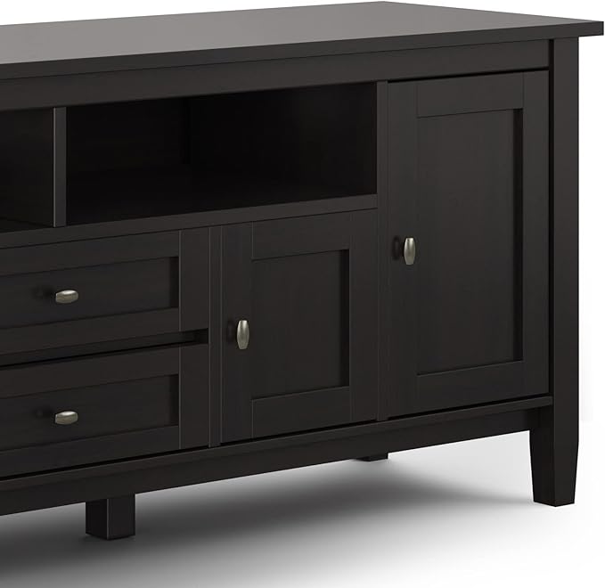 SIMPLIHOME Warm Shaker SOLID WOOD 72 Inch Wide Universal TV Media Stand Transitional with Storage, For Flat Screen TVs up to 80 Inches in Hickory Brown, For the Living Room Entertainment Center - LeafyLoom