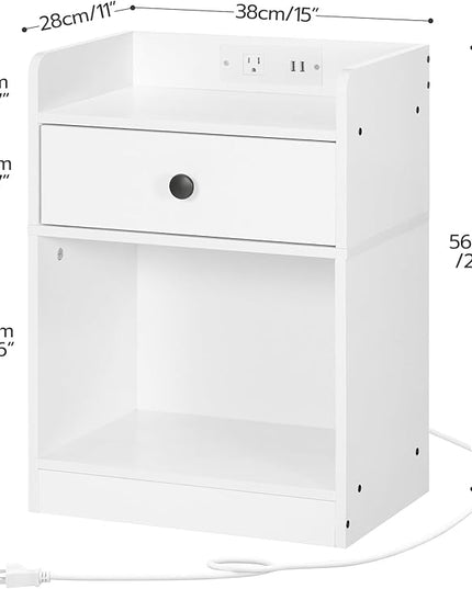 HOOBRO Nightstand with Charging Station, End Table with Drawer and Opening Shelf, Side Table with USB Ports and Outlets, Bedside Table for Bedroom, Small Night Stand Simple Style, White WT18UBZ01 - LeafyLoom