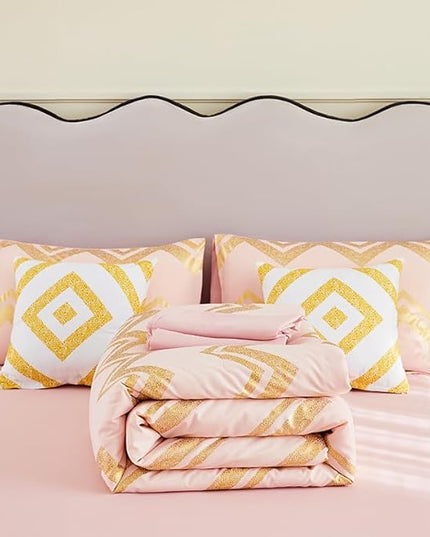 7PCS Rose Gold and Pink Bedding Set,Pink Comforter Set Full Size,Rose Gold Bedding Set Full,Bed in A Bag Full for Teen Girls Women,Bedroom Decoration Full Pink/Rose Gold - LeafyLoom
