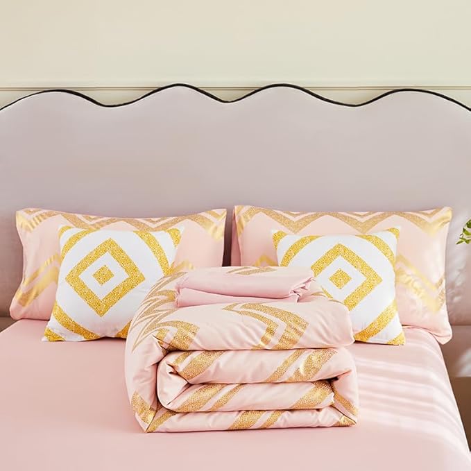 7PCS Gold and Pink Comforter Set,Pink Comforter Queen,Metallic Blush and Rose Gold Pink Bedding Set Queen,Bed in A Bag Queen for Teen Girls Women,Bedroom Decoration Queen Pink/Rose Gold - LeafyLoom
