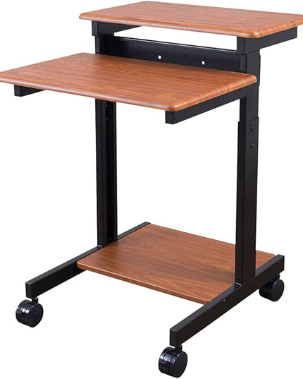 Stand Up Desk Store Rolling Adjustable Height Two Tier Standing Desk Computer Workstation (Black Frame/Teak Top, 24" Wide) - LeafyLoom