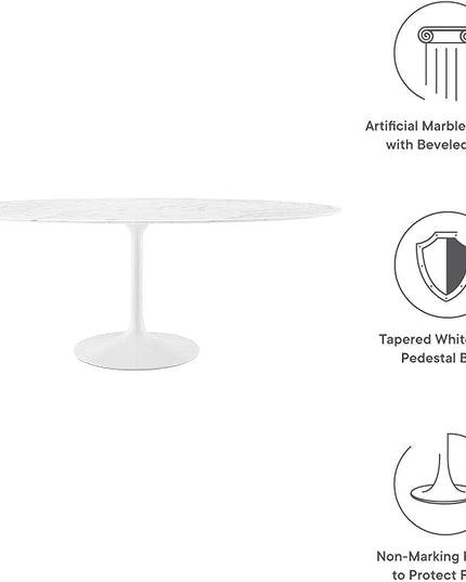 Modway Lippa 78" Oval-Shaped Mid-Century Modern Dining Table with Artificial Marble Top and White Base - LeafyLoom