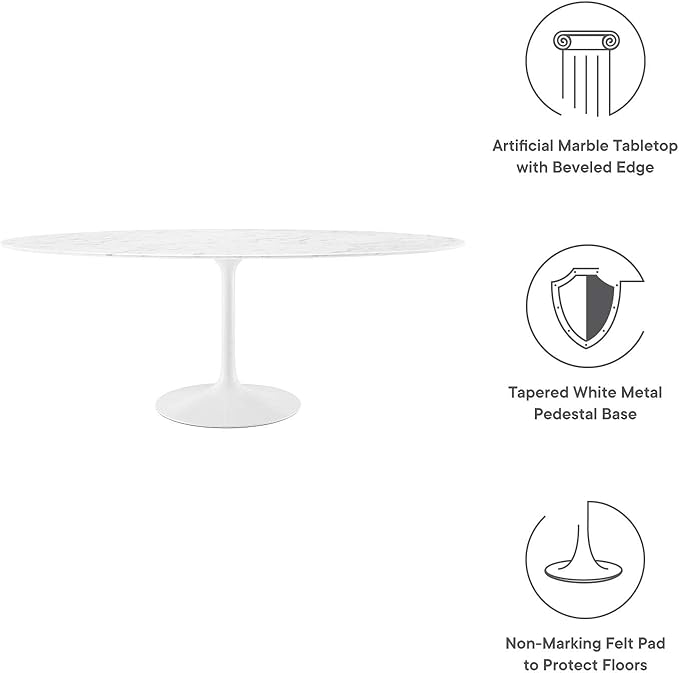 Modway Lippa 78" Oval-Shaped Mid-Century Modern Dining Table with Artificial Marble Top and White Base - LeafyLoom