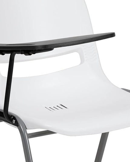 Flash Furniture HERCULES White Ergonomic Shell Chair with Right Handed Flip-Up Tablet Arm - LeafyLoom
