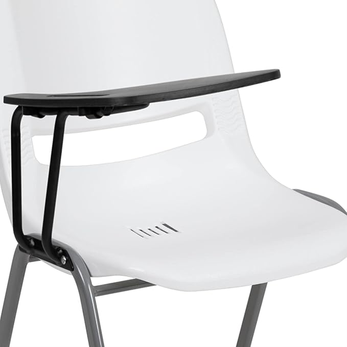 Flash Furniture HERCULES White Ergonomic Shell Chair with Right Handed Flip-Up Tablet Arm - LeafyLoom