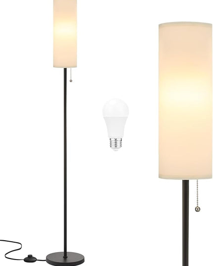 Ambimall Floor Lamp for Living Room with 3 Color Temperatures Bulb, 64" Standing lamp with Linen lampshade for Bedroom, Minimalist Pole Lamp, White Shade & Black Pole - LeafyLoom