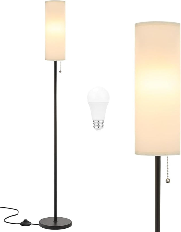 Ambimall Floor Lamp for Living Room with 3 Color Temperatures Bulb, 64" Standing lamp with Linen lampshade for Bedroom, Minimalist Pole Lamp, White Shade & Black Pole - LeafyLoom