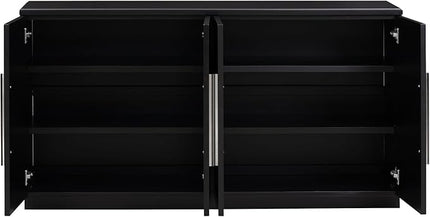 Wooden Sideboard with 4 Doors Large Storage Space,Buffet Cabinet,W/Adjustable Shelves and Silver Handles,Wear-Resistant Performance,for Kitchen,Dining Room,Hallway,Black, 60" - LeafyLoom