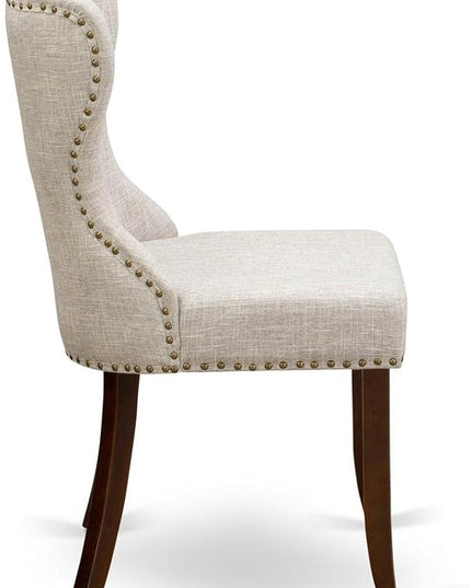 East West Furniture SIP3T35 Sion Parson Dining Room Button Tufted Nailhead Trim Doeskin Linen Fabric Upholstered Chairs, Set of 2, Mahogany - LeafyLoom