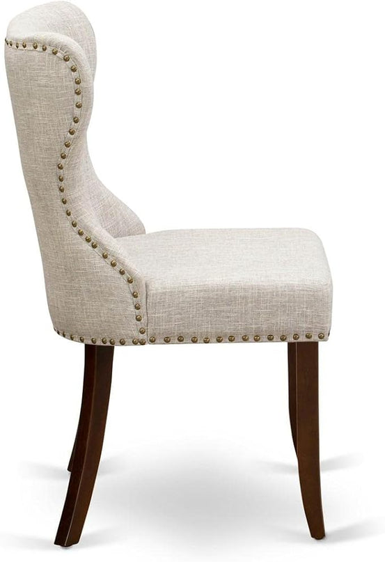 East West Furniture SIP3T35 Sion Parson Dining Room Button Tufted Nailhead Trim Doeskin Linen Fabric Upholstered Chairs, Set of 2, Mahogany - LeafyLoom