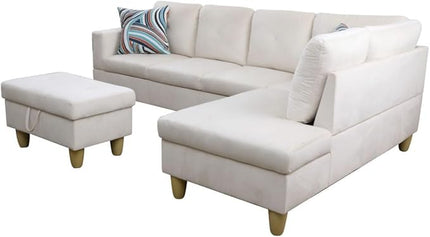 L-Shaped Sectional Couches with 66.5'' Chaise Lounge & Storage Ottoman Modular Room Sofas for Home Office Apartment, Large Living Furniture, 97'' Right Hand Facing, White Flannel - LeafyLoom
