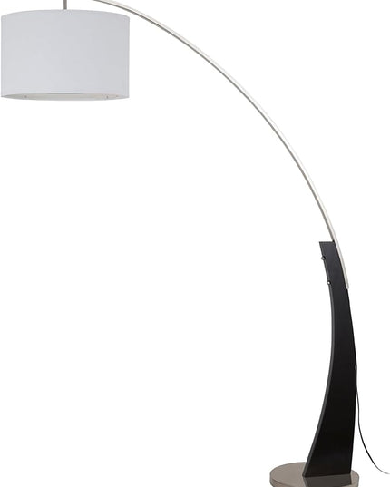 71.5'' Tall Arched Floor Lamp with White Drum Shade and Unique Black Wood Pole with Metal Base (99JM1042F) - LeafyLoom