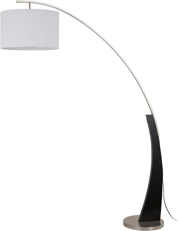 71.5'' Tall Arched Floor Lamp with White Drum Shade and Unique Black Wood Pole with Metal Base (99JM1042F) - LeafyLoom