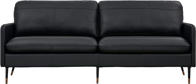 67" Genuine Leather Sofa, Top-Grain 2 Seater Loveseat Couch, Mid-Century Modern Upholstered Sofa for Living Room Bedroom Apartment Office, Black - LeafyLoom