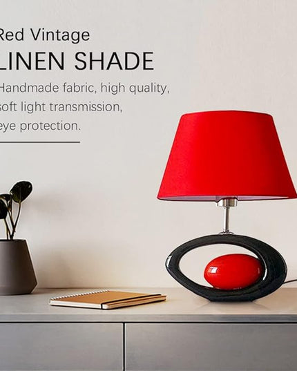 Red Modern Table Lamp, Ceramic Desk Lights with Linen Shade LED Bedroom Bedside Light Living Room Office Desk Night Lantern 14.8inch American Desktop Light for Home, E26 Base 60W 110V - LeafyLoom