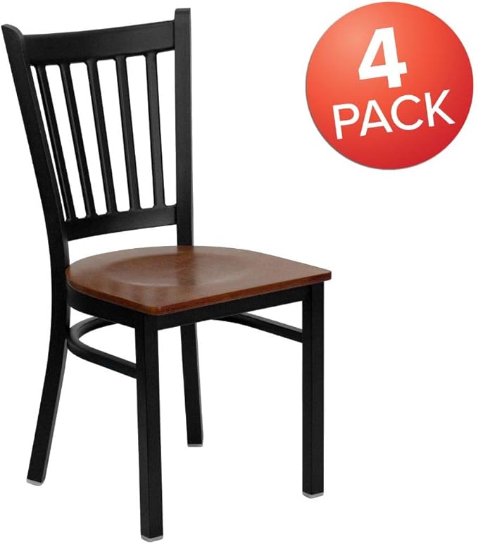 Flash Furniture 4 Pack HERCULES Series Black Vertical Back Metal Restaurant Chair - Cherry Wood Seat - LeafyLoom