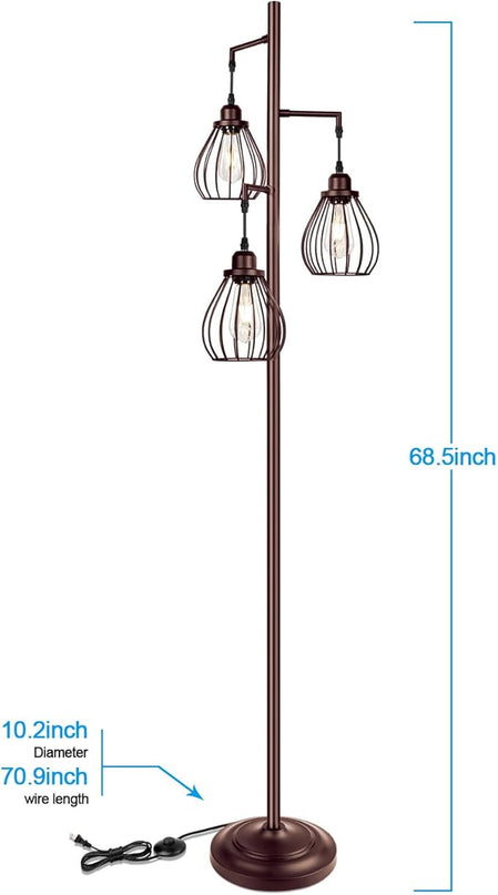 Lakumu Floor Lamp for Living Room, Brown Floor Standing Lamp with 3 Elegant Teardrop Cage Heads & ST58 4W 2700K Edison LED Bulbs, Sturdy Base Tall Vintage Pole Light, Rustic Floor Lamp for Bedroom - LeafyLoom