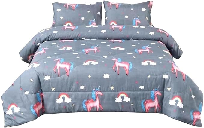 3PCS Gray Unicorn Comforter Set Queen Size, Queen Bed in a Bag Set Cute Bedding, Hotel Luxury, Lightweight Comforter Queen for Boys Girls Toddler Kids and Teens, Queen - LeafyLoom