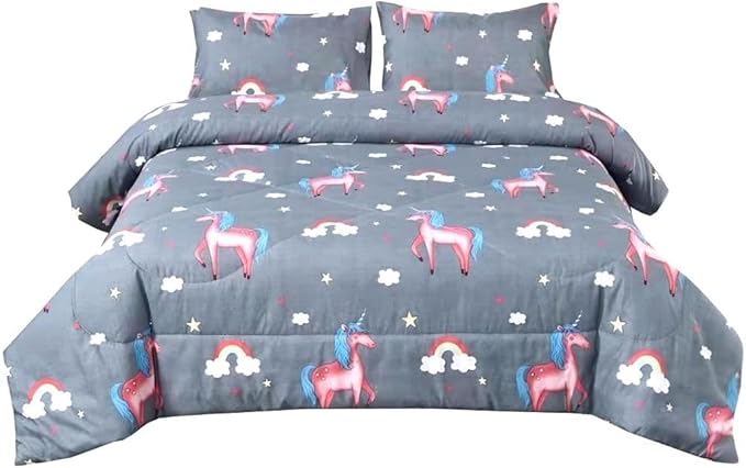 3PCS Gray Unicorn Comforter Set Full, Bed in a Bag Full Unicorn Bedding Set, Lightweight and Fade Resistant, Cute Room Decor for Boys Girls Toddler Kids and Teens, Full - LeafyLoom