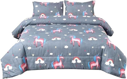 3PCS Gray Unicorn Comforter Set Twin, Bed in a Bag Unicorn Cute Room Decor, Wrinkle and Fade Resistant, Lightweight Twin Size Comforter Set for Boys, Girls Kids and Teens, Twin - LeafyLoom