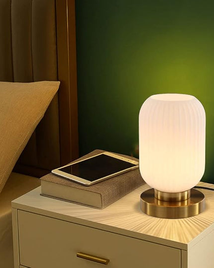 Modern Glass Table Lamp with Ribbed Shade, White, 10.6 x 5.9 inches, E26, for Bedside Bedroom Living Room Office - LeafyLoom
