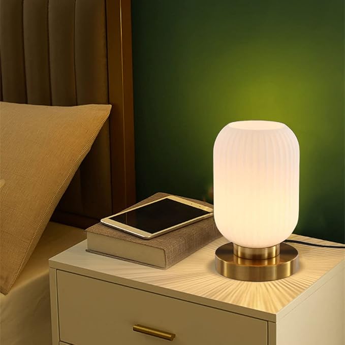 Modern Glass Table Lamp with Ribbed Shade, White, 10.6 x 5.9 inches, E26, for Bedside Bedroom Living Room Office - LeafyLoom