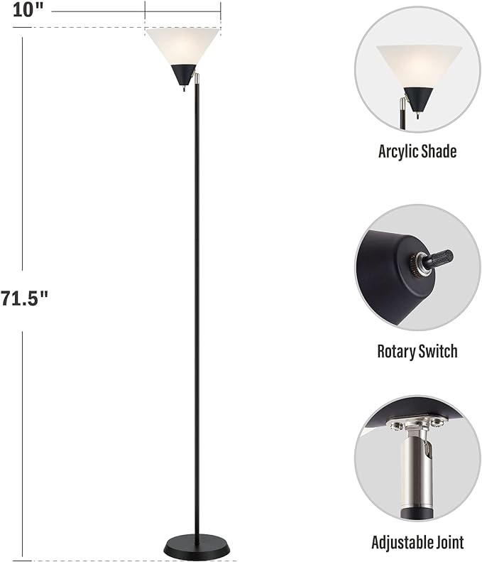 Floor Lamp Standing Lamp Adjustable Head Arcylic Shade Floor Lamps for Living Room/Office/Bedroom (Black) - LeafyLoom