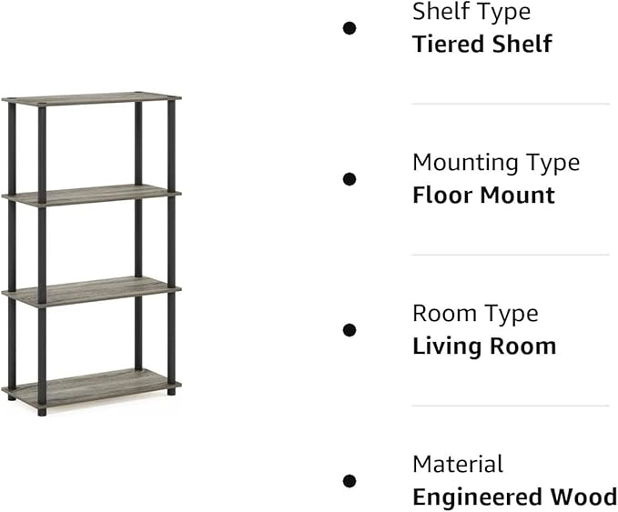 Furinno (99557GYW/BK) Turn-N-Tube 4-Tier Multipurpose Shelf Display Rack - French Oak Grey/Black - LeafyLoom