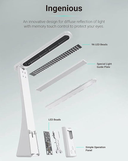 LED Desk Lamp with Night Light Foldable Portable High Brightness Eye Care Lamp. Touch Control, Rechargeable, for Home Reading Light, Office and Dormitory (White 2.0) - LeafyLoom