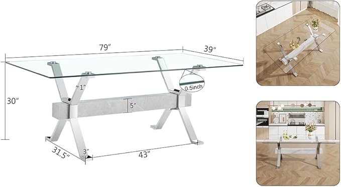 Rectangular Table with Tempered Glass Tabletop,Modern Dinner Desk W/Metal Tubular Legs, Home,Kitchen,Dining Room,Office,Silver, 79" Marble Color Crossbars - LeafyLoom