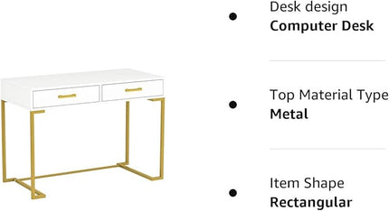 Tribesigns 40 Inch Computer Desk, White and Gold Desk with 2 Drawers, Modern Simple Home Office Desk, Gold Writing Desk Study Table for Bedroom, Modern Makeup Vanity Desk for Small Spaces - LeafyLoom