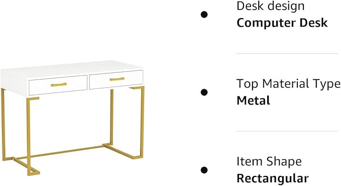 Tribesigns 40 Inch Computer Desk, White and Gold Desk with 2 Drawers, Modern Simple Home Office Desk, Gold Writing Desk Study Table for Bedroom, Modern Makeup Vanity Desk for Small Spaces - LeafyLoom