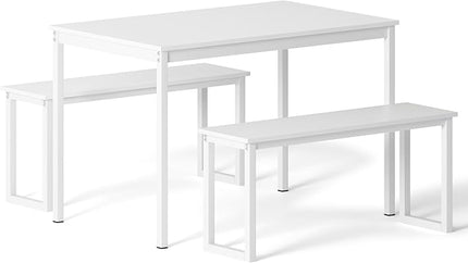 sogesfurniture Kitchen Table Set with 2 Benches, Dining Table Set for 4, 3 Piece Dining Room Set Industrial Style Furniture, Wooden Kitchen and Dining Set, Dining Table with Benches,White - LeafyLoom