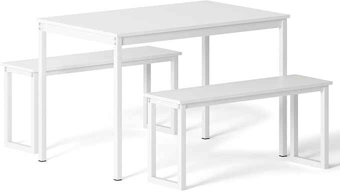 sogesfurniture Kitchen Table Set with 2 Benches, Dining Table Set for 4, 3 Piece Dining Room Set Industrial Style Furniture, Wooden Kitchen and Dining Set, Dining Table with Benches,White - LeafyLoom
