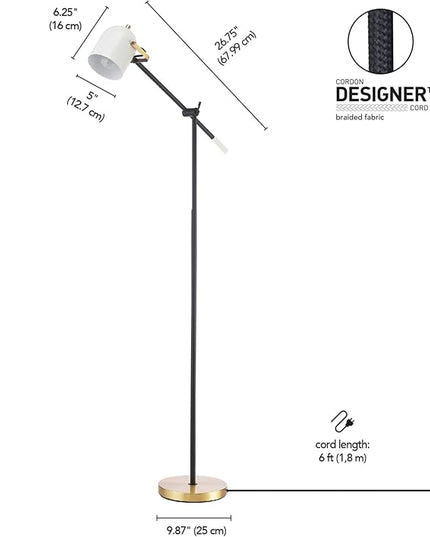 Globe Electric 65910 65" Floor Lamp, Matte Black, Brass Accents, White Shade, On/Off Rotary Switch on Head - LeafyLoom