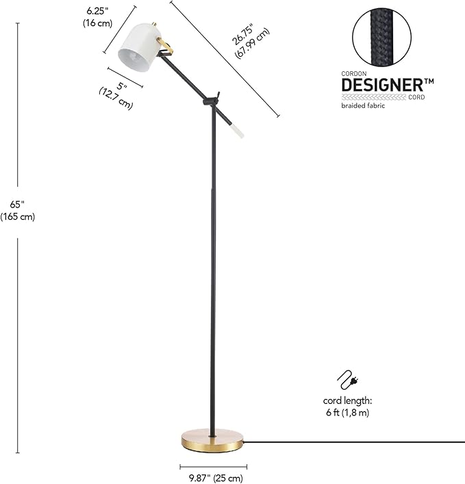 Globe Electric 65910 65" Floor Lamp, Matte Black, Brass Accents, White Shade, On/Off Rotary Switch on Head - LeafyLoom