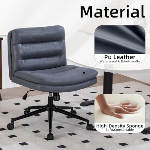 Armless Office Chair with Wheels Wide Desk Chair Leather Mid Back Accent Chair Padded Swivel Vanity Chair for Girl Women Computer Task Chair for Home Office (Suede Fabric, Gray&Blue) - LeafyLoom