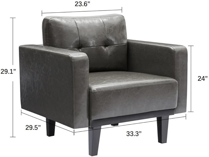 Mid-Century Modern Leather Accent Chair, Fabric Armchair for Living Room, Oversized Upholstered Single Sofa Chair for Bedroom Office Study, Comfy Accent Chairs with Wood Legs, Grey, 1 Pack - LeafyLoom